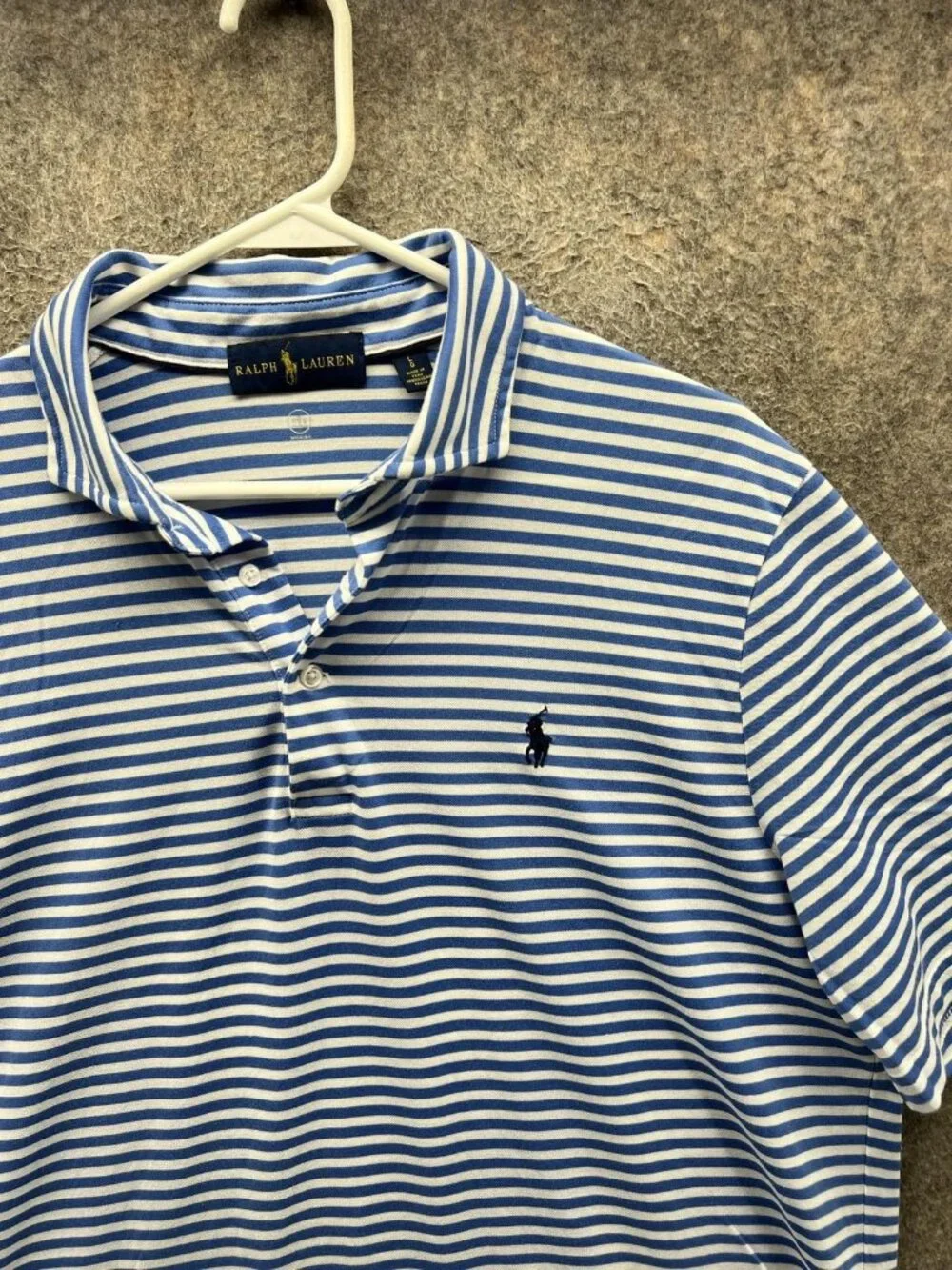 Ralph Lauren Polo Shirt Men Large Blue Striped Cotton Jersey Wicking Golf Knit
